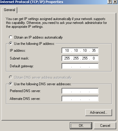 In the IP properties dialog configure a static IP address following the example belowIP Address: 10.10.10.35 Subnet Mask: 255.255.255.0