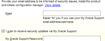 Provide your Oracle Support credentials, this will register this instance so that it will be available for support and, if specified, allow you to receive security updates via e-Mail